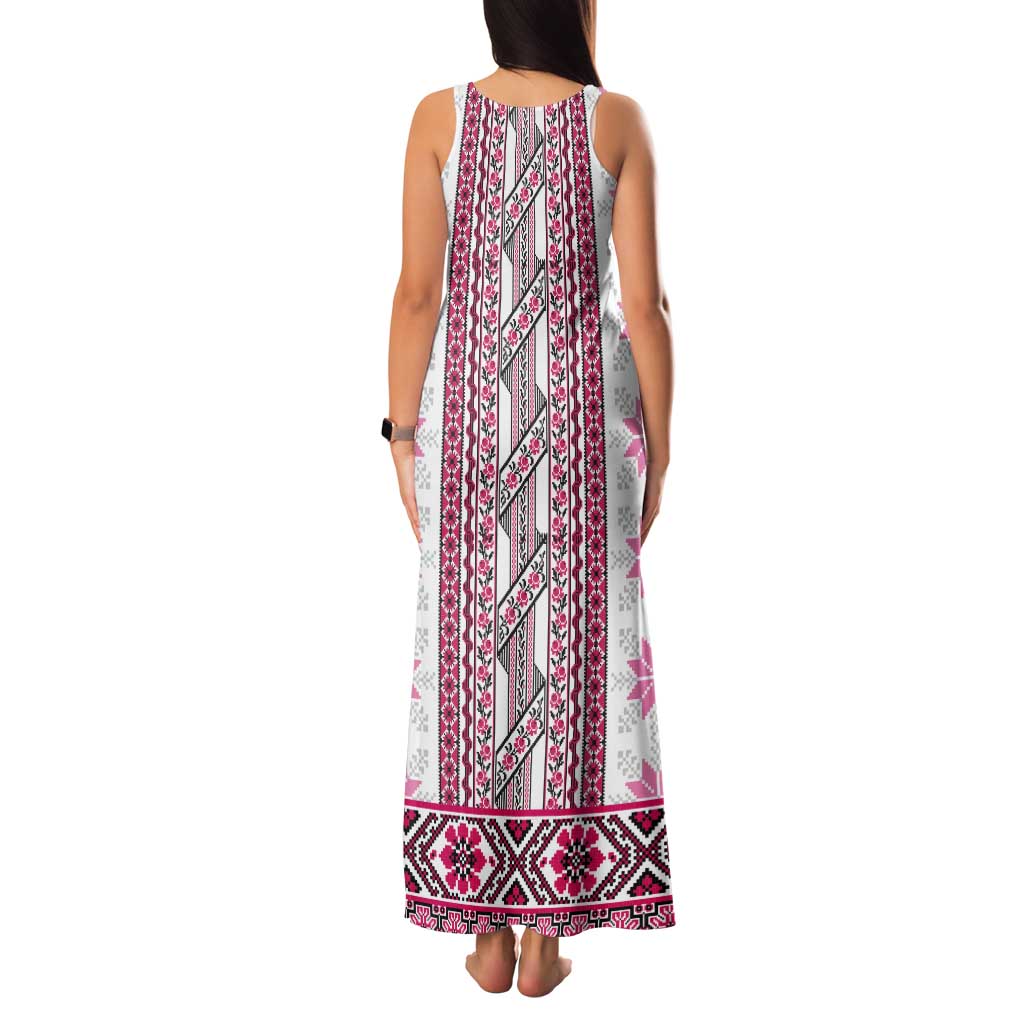 Ukraine Tank Maxi Dress Traditional Braided Rope Belt Pink Folk Pattern