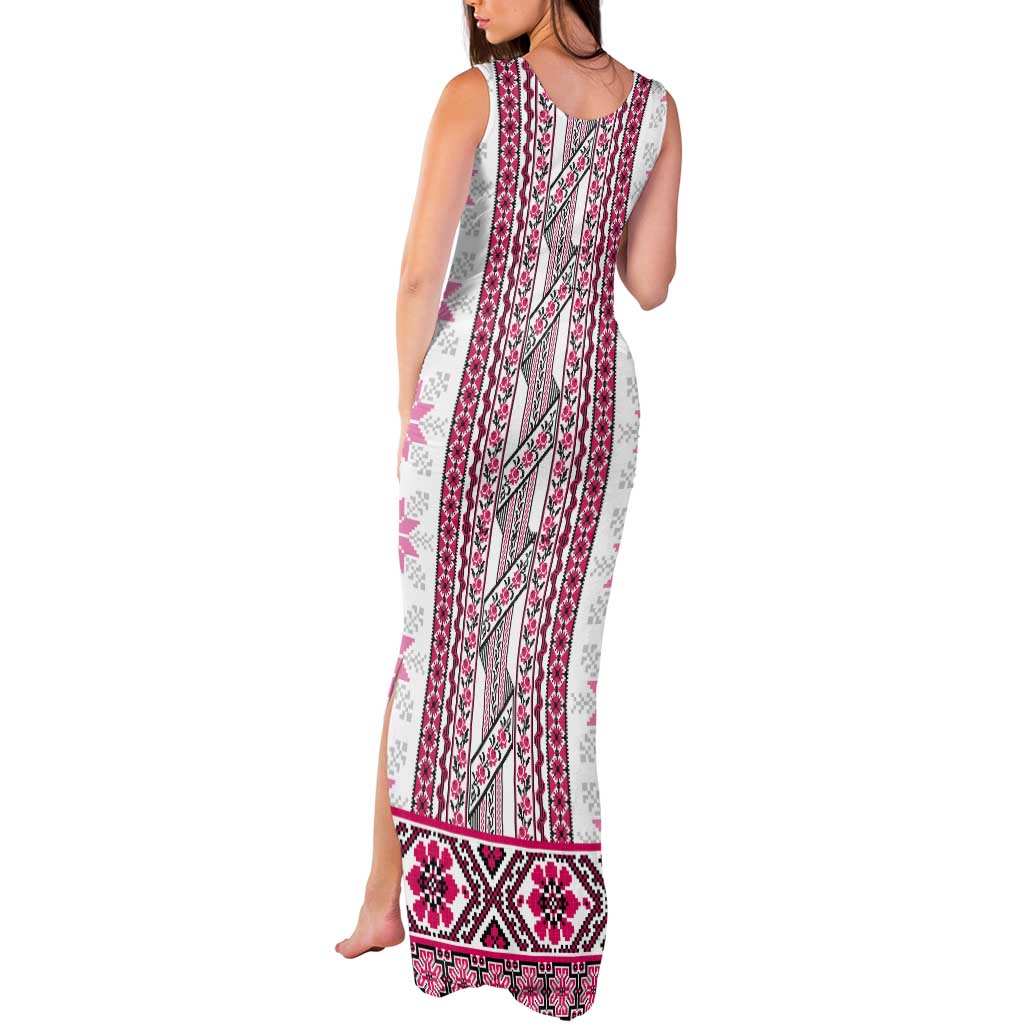Ukraine Tank Maxi Dress Traditional Braided Rope Belt Pink Folk Pattern