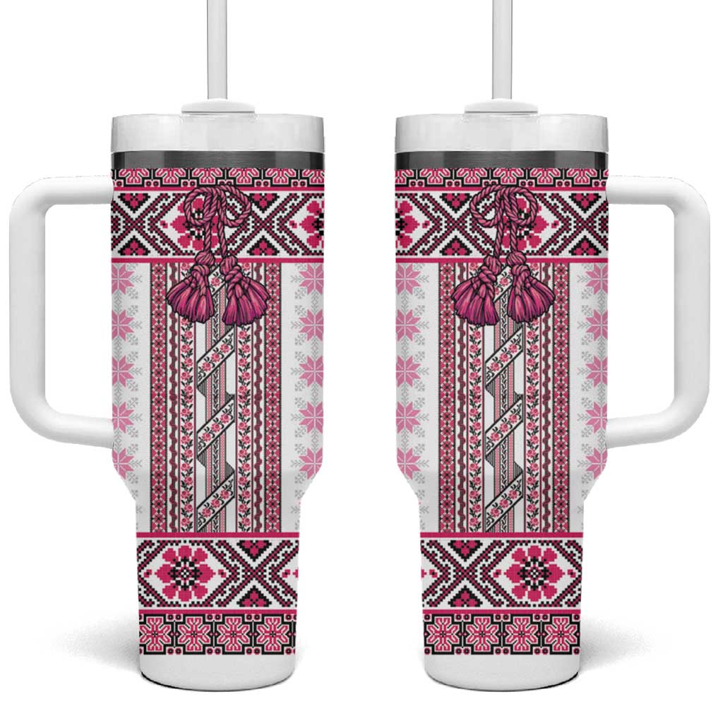Ukraine Tumbler With Handle Traditional Braided Rope Belt Pink Folk Pattern