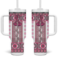 Ukraine Tumbler With Handle Traditional Braided Rope Belt Pink Folk Pattern