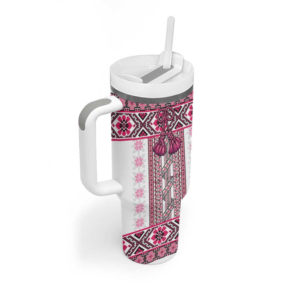 Ukraine Tumbler With Handle Traditional Braided Rope Belt Pink Folk Pattern