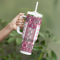 Ukraine Tumbler With Handle Traditional Braided Rope Belt Pink Folk Pattern
