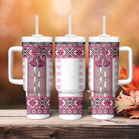 Ukraine Tumbler With Handle Traditional Braided Rope Belt Pink Folk Pattern