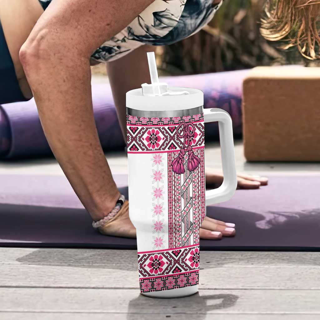 Ukraine Tumbler With Handle Traditional Braided Rope Belt Pink Folk Pattern