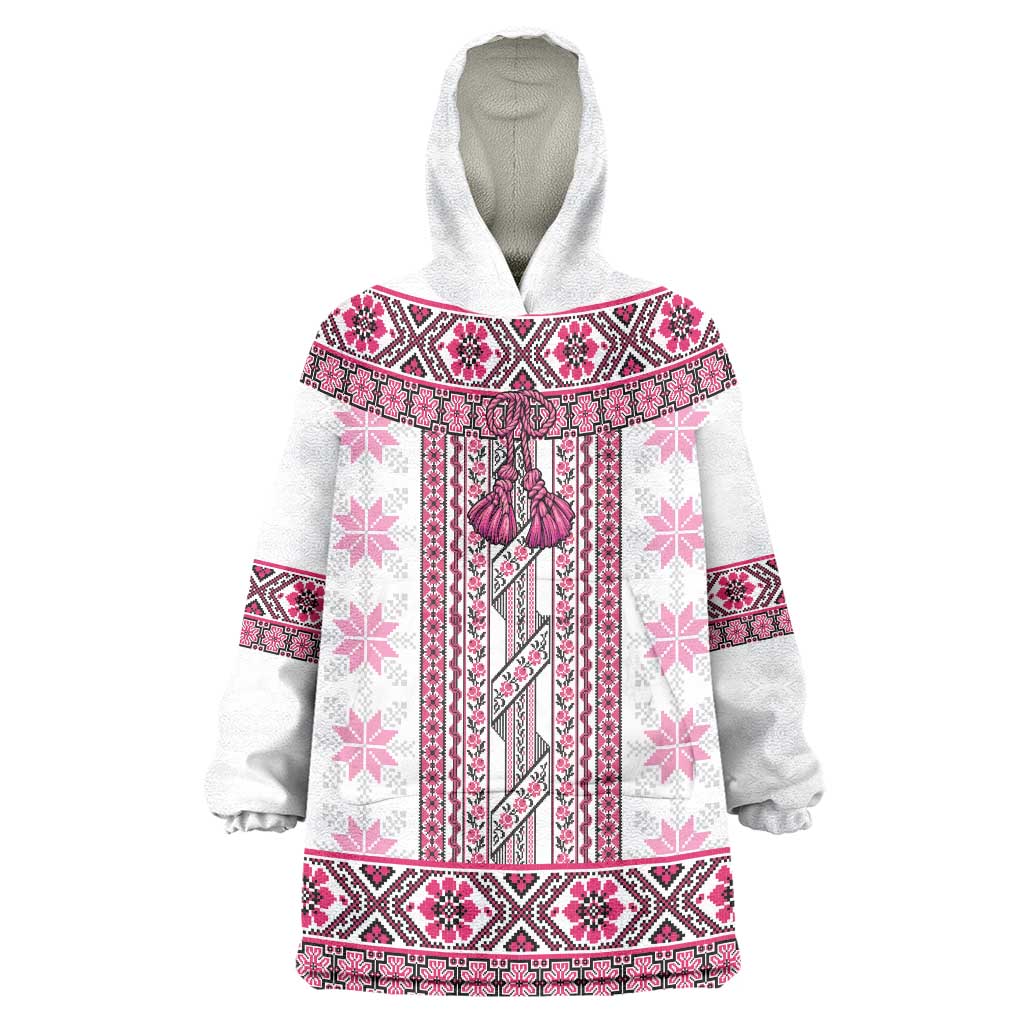Ukraine Wearable Blanket Hoodie Traditional Braided Rope Belt Pink Folk Pattern