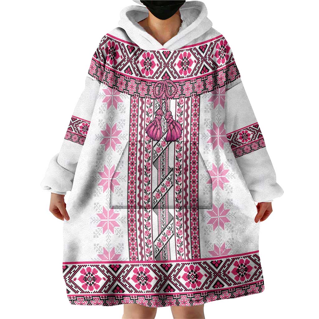 Ukraine Wearable Blanket Hoodie Traditional Braided Rope Belt Pink Folk Pattern