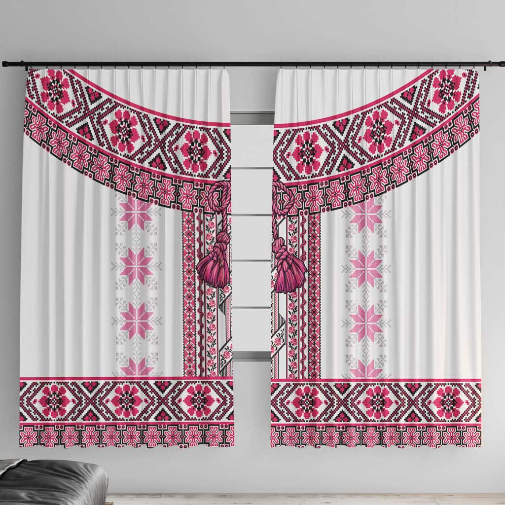 Ukraine Window Curtain Traditional Braided Rope Belt Pink Folk Pattern
