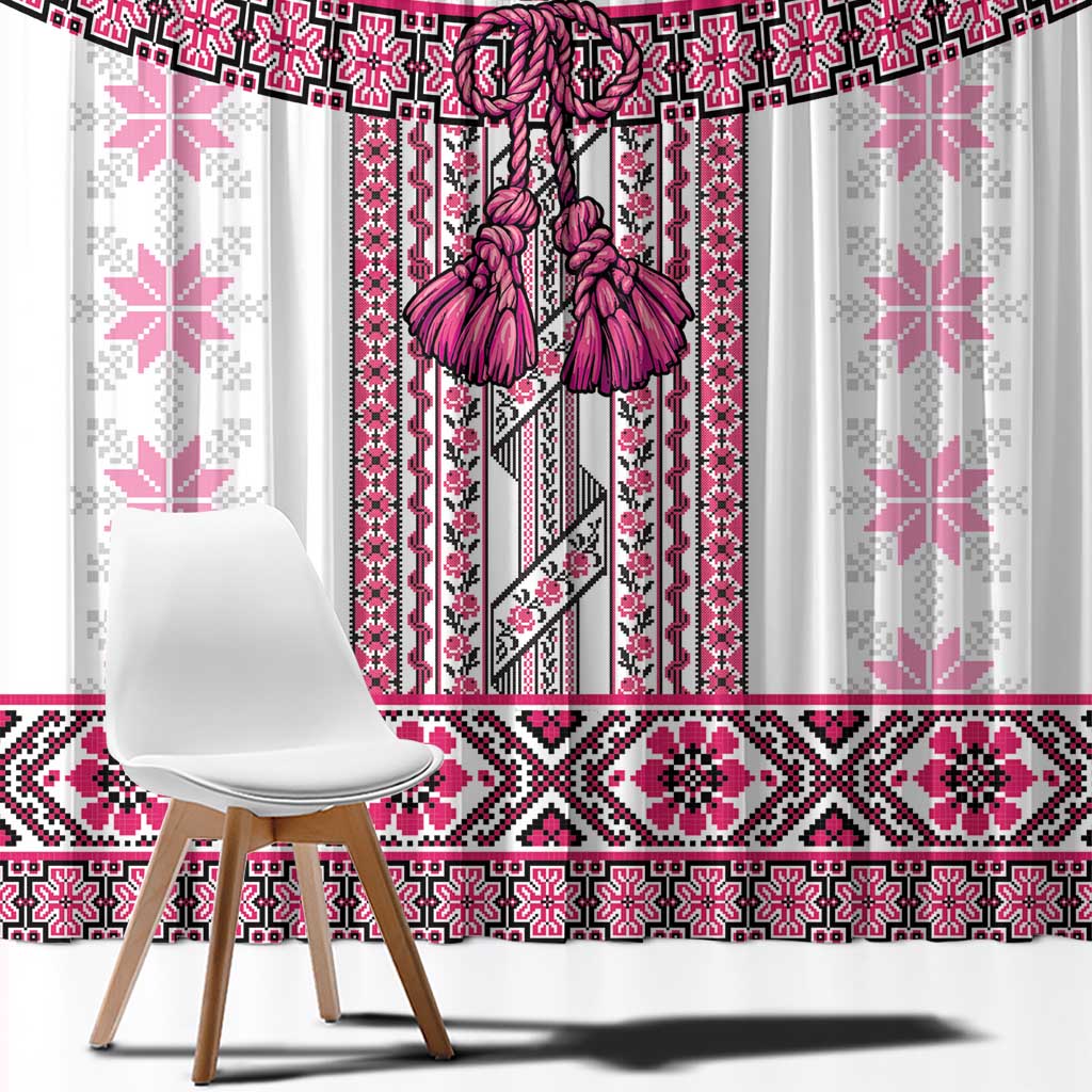Ukraine Window Curtain Traditional Braided Rope Belt Pink Folk Pattern