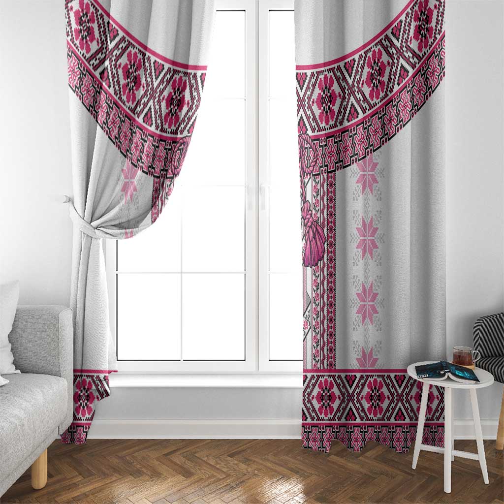 Ukraine Window Curtain Traditional Braided Rope Belt Pink Folk Pattern