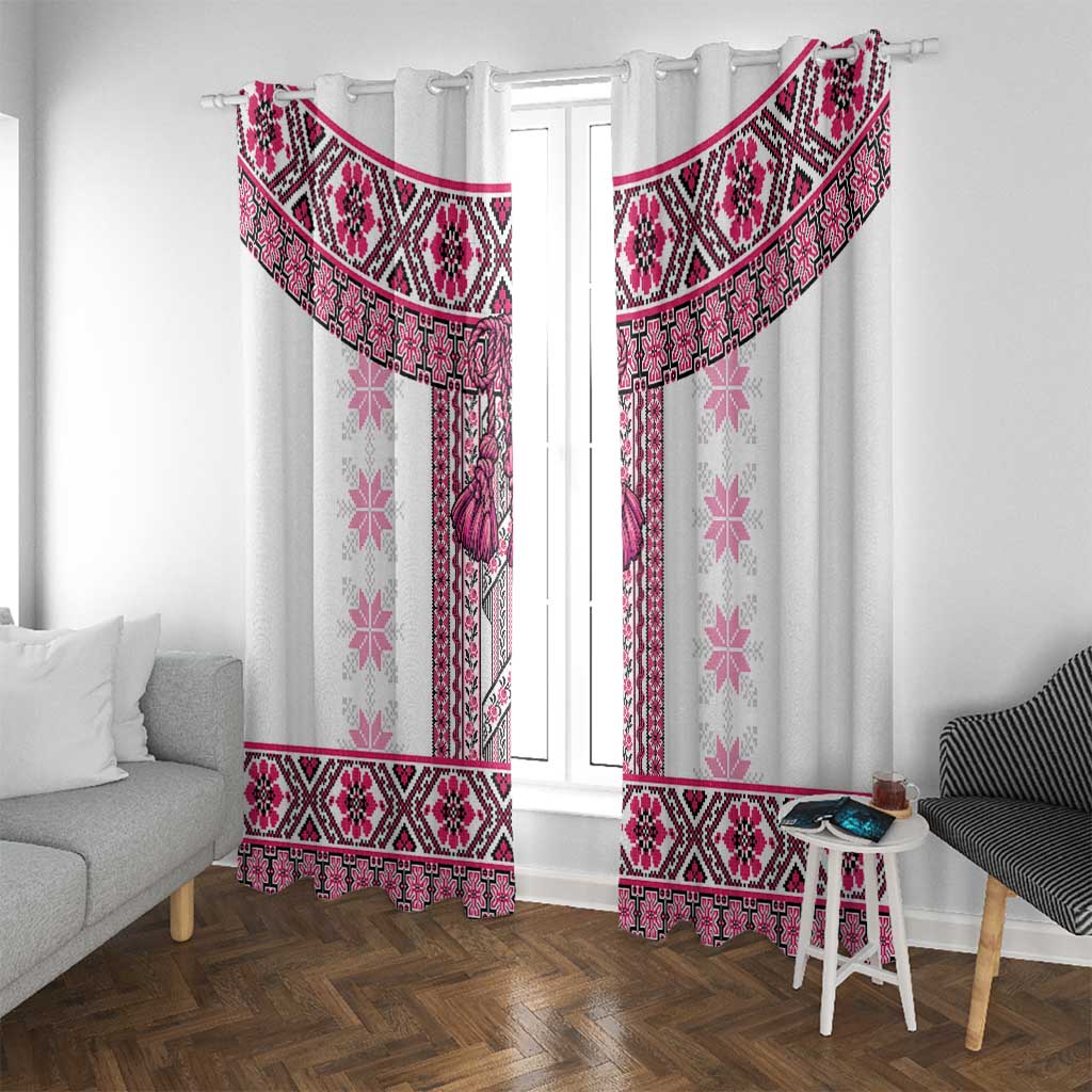 Ukraine Window Curtain Traditional Braided Rope Belt Pink Folk Pattern