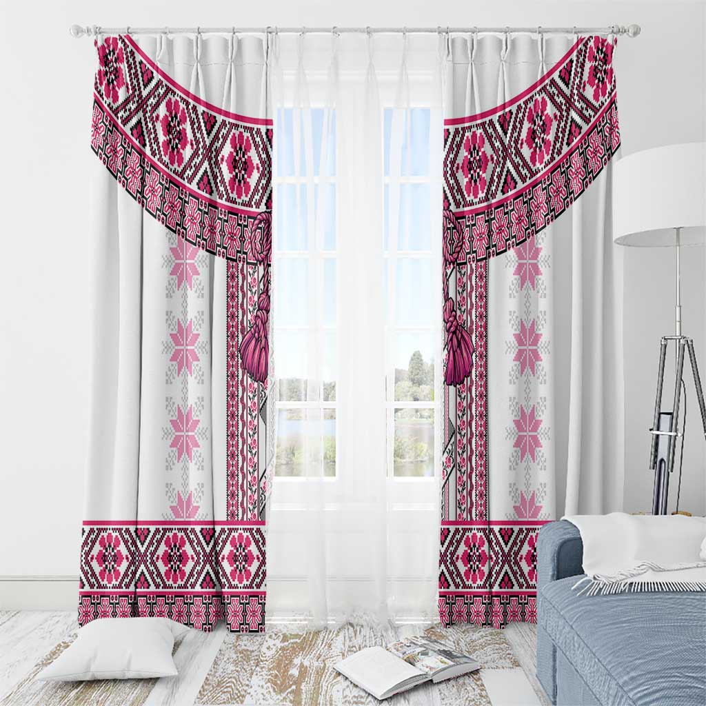 Ukraine Window Curtain Traditional Braided Rope Belt Pink Folk Pattern