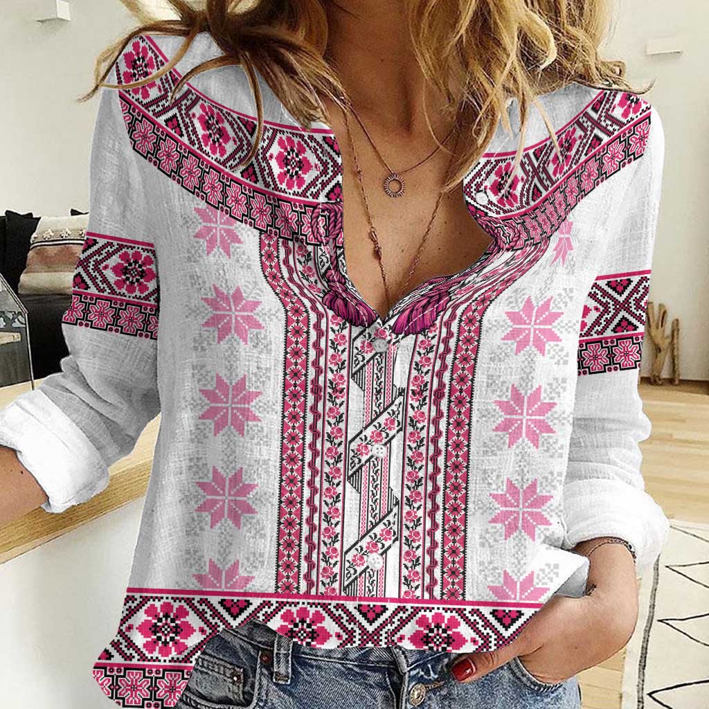 Ukraine Women Casual Shirt Traditional Braided Rope Belt Pink Folk Pattern
