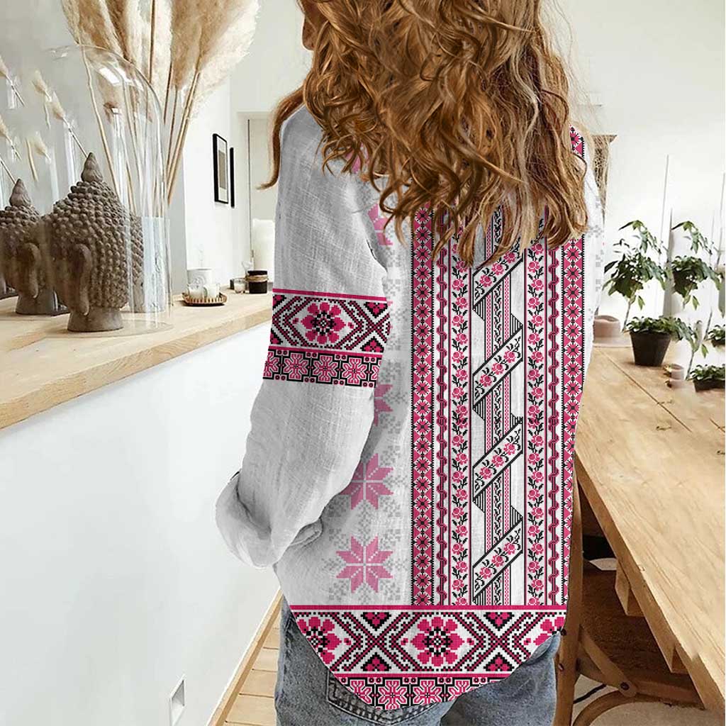 Ukraine Women Casual Shirt Traditional Braided Rope Belt Pink Folk Pattern