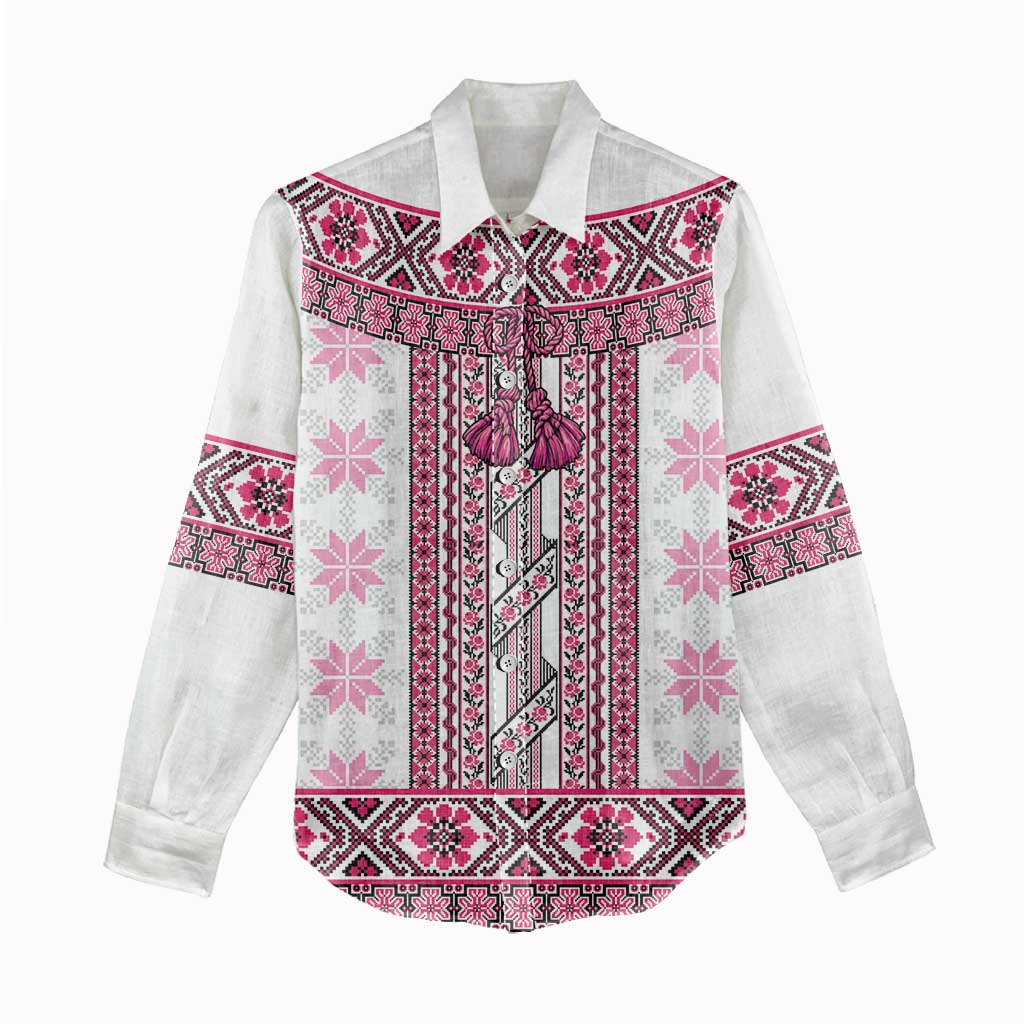 Ukraine Women Casual Shirt Traditional Braided Rope Belt Pink Folk Pattern