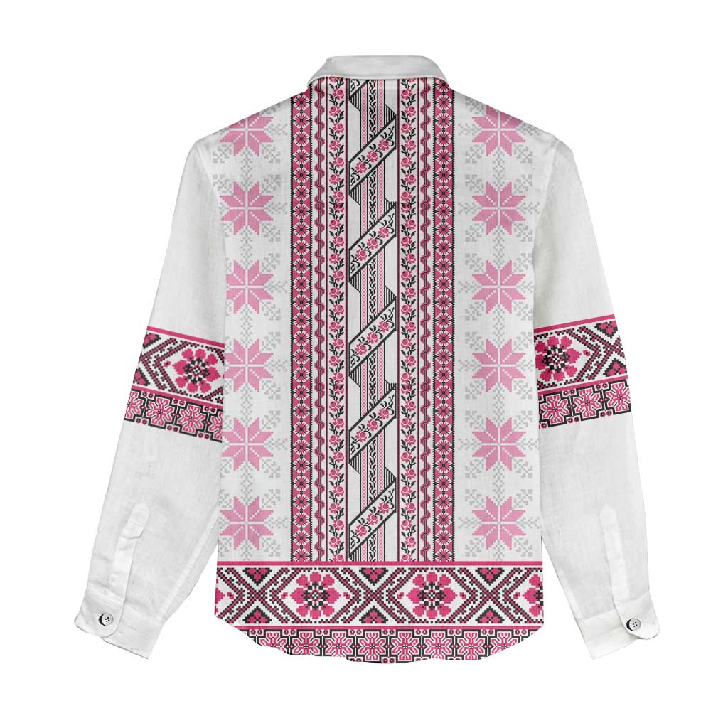 Ukraine Women Casual Shirt Traditional Braided Rope Belt Pink Folk Pattern