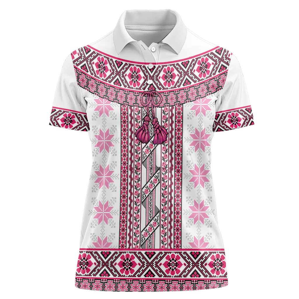 Ukraine Women Polo Shirt Traditional Braided Rope Belt Pink Folk Pattern
