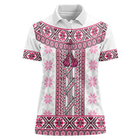 Ukraine Women Polo Shirt Traditional Braided Rope Belt Pink Folk Pattern