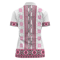 Ukraine Women Polo Shirt Traditional Braided Rope Belt Pink Folk Pattern