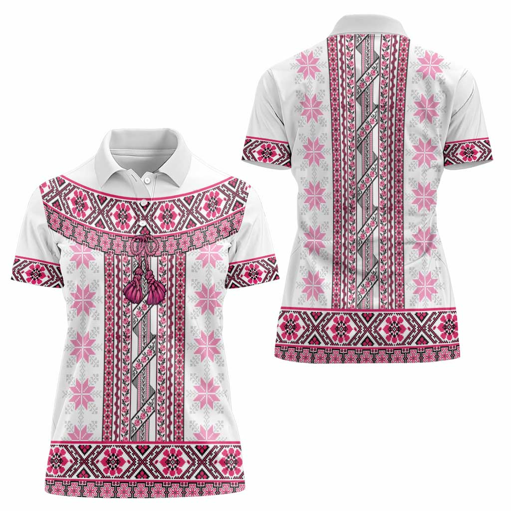 Ukraine Women Polo Shirt Traditional Braided Rope Belt Pink Folk Pattern