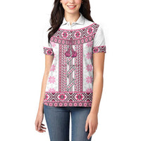Ukraine Women Polo Shirt Traditional Braided Rope Belt Pink Folk Pattern
