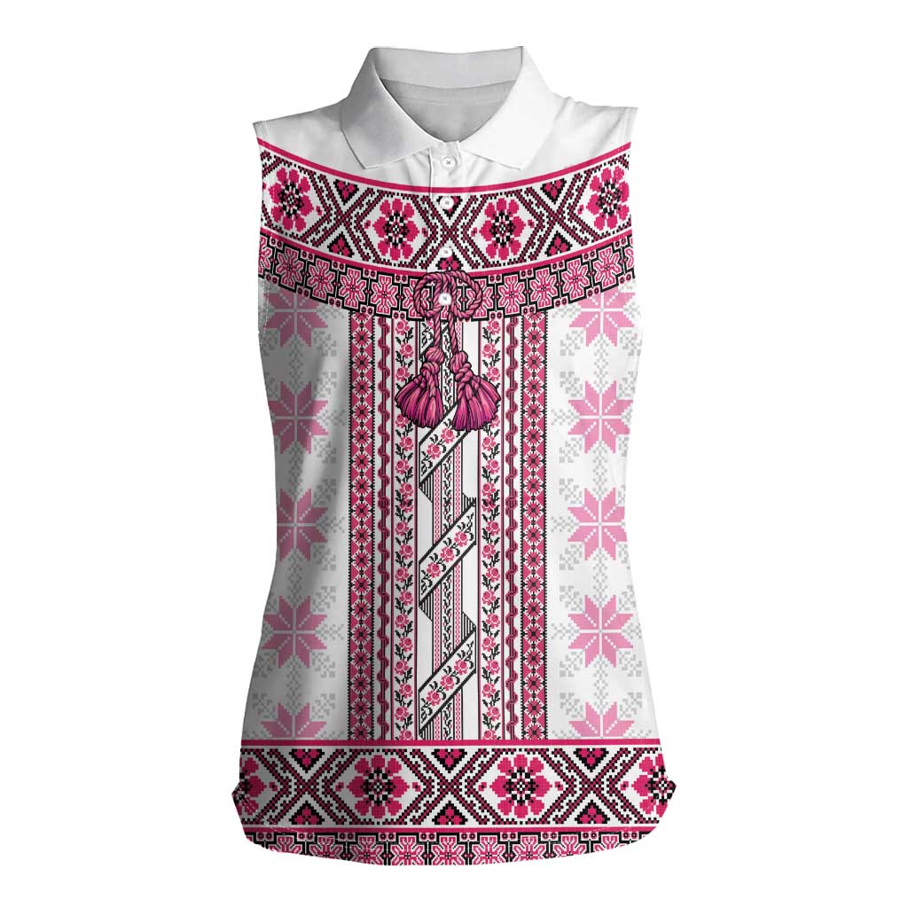 Ukraine Women Sleeveless Polo Shirt Traditional Braided Rope Belt Pink Folk Pattern