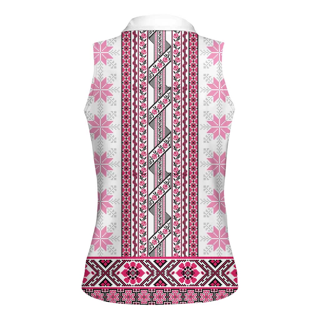 Ukraine Women Sleeveless Polo Shirt Traditional Braided Rope Belt Pink Folk Pattern