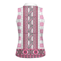 Ukraine Women Sleeveless Polo Shirt Traditional Braided Rope Belt Pink Folk Pattern