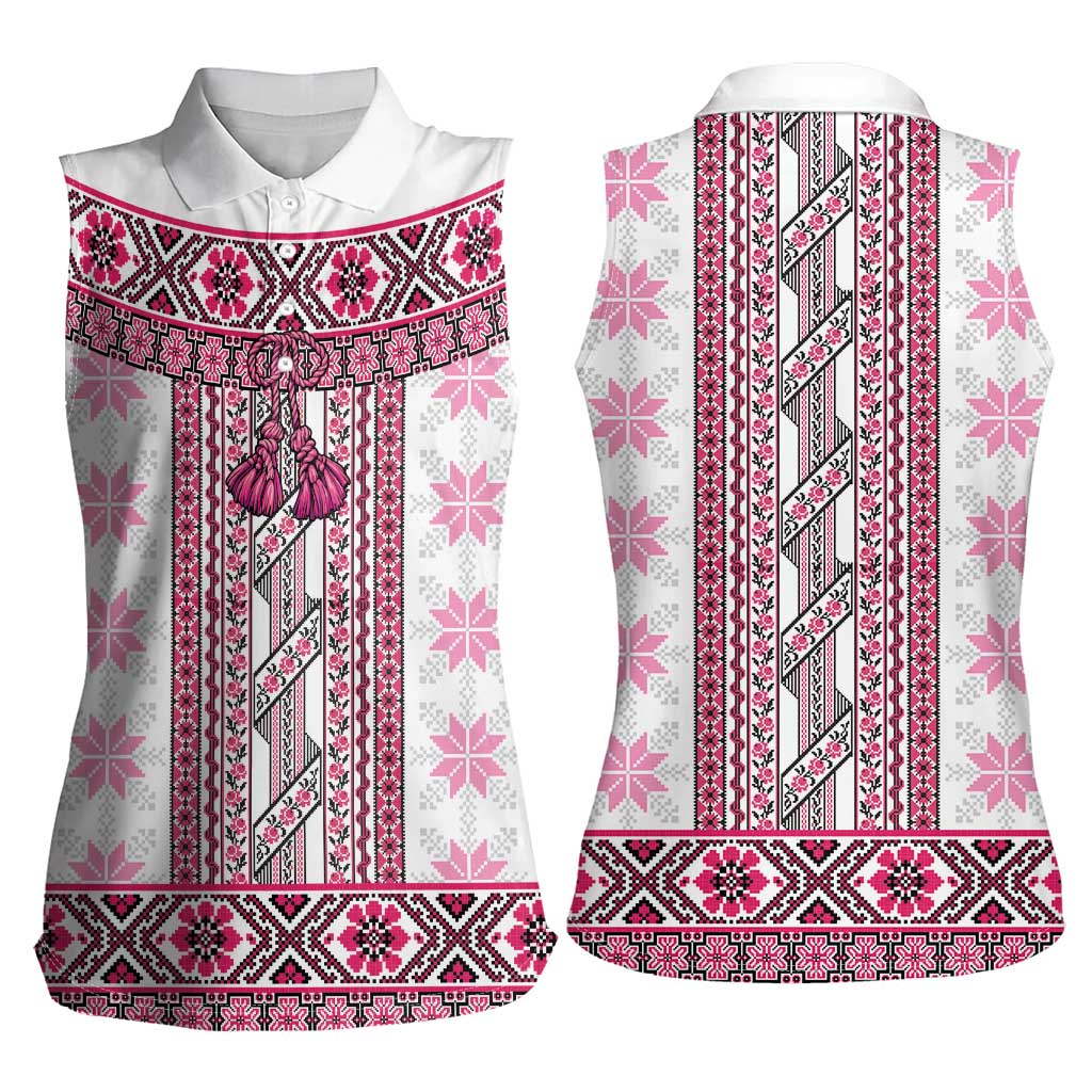 Ukraine Women Sleeveless Polo Shirt Traditional Braided Rope Belt Pink Folk Pattern