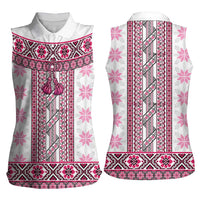 Ukraine Women Sleeveless Polo Shirt Traditional Braided Rope Belt Pink Folk Pattern