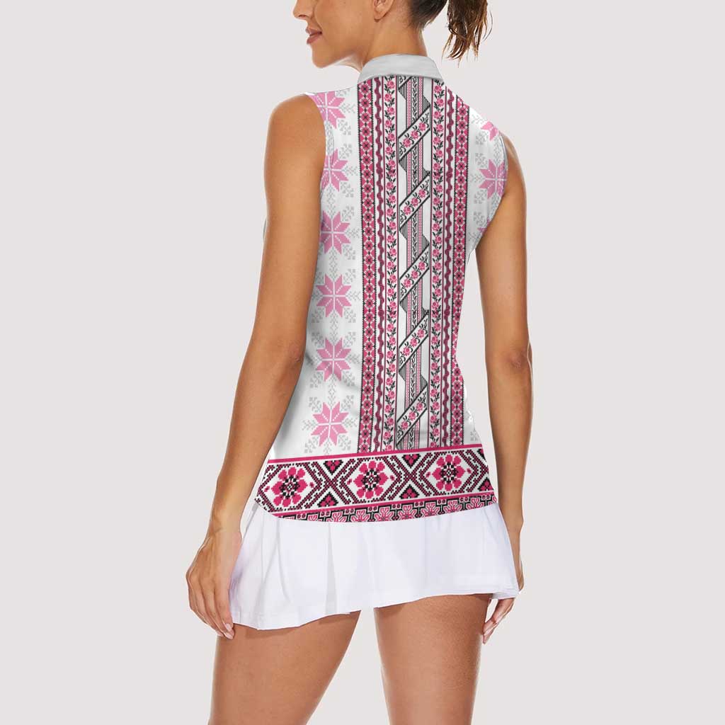 Ukraine Women Sleeveless Polo Shirt Traditional Braided Rope Belt Pink Folk Pattern