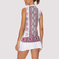 Ukraine Women Sleeveless Polo Shirt Traditional Braided Rope Belt Pink Folk Pattern