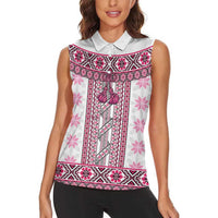 Ukraine Women Sleeveless Polo Shirt Traditional Braided Rope Belt Pink Folk Pattern