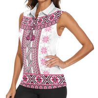 Ukraine Women Sleeveless Polo Shirt Traditional Braided Rope Belt Pink Folk Pattern