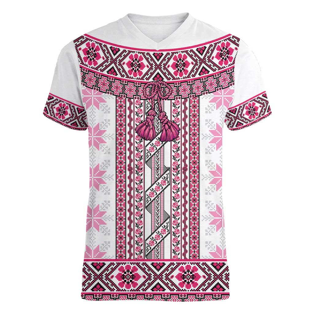 Ukraine Women V-Neck T-Shirt Traditional Braided Rope Belt Pink Folk Pattern