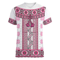 Ukraine Women V-Neck T-Shirt Traditional Braided Rope Belt Pink Folk Pattern