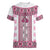 Ukraine Women V-Neck T-Shirt Traditional Braided Rope Belt Pink Folk Pattern