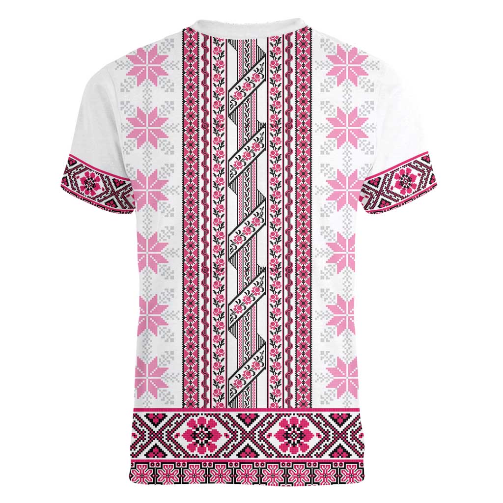 Ukraine Women V-Neck T-Shirt Traditional Braided Rope Belt Pink Folk Pattern
