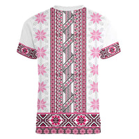 Ukraine Women V-Neck T-Shirt Traditional Braided Rope Belt Pink Folk Pattern