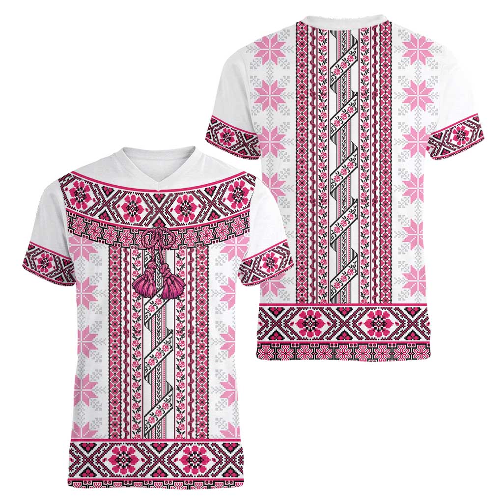 Ukraine Women V-Neck T-Shirt Traditional Braided Rope Belt Pink Folk Pattern