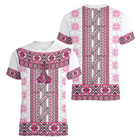 Ukraine Women V-Neck T-Shirt Traditional Braided Rope Belt Pink Folk Pattern