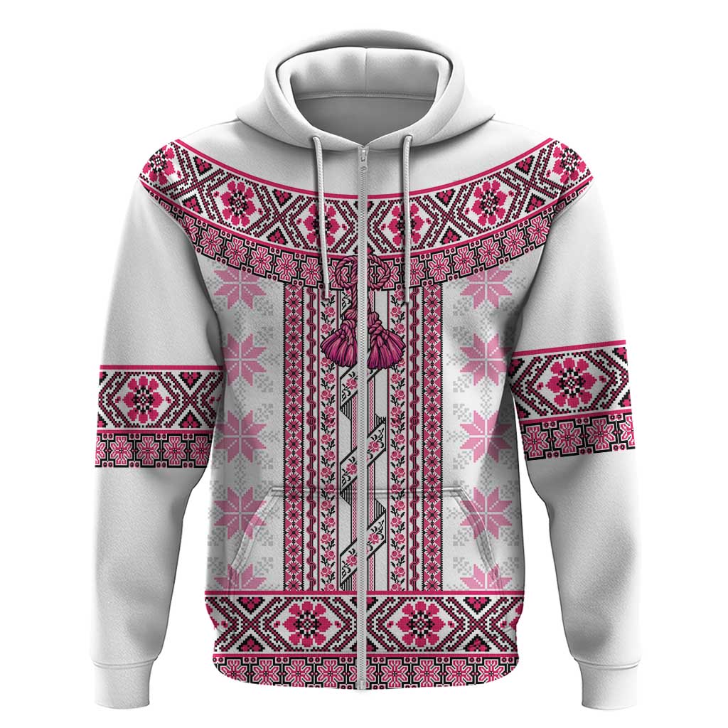 Ukraine Zip Hoodie Traditional Braided Rope Belt Pink Folk Pattern