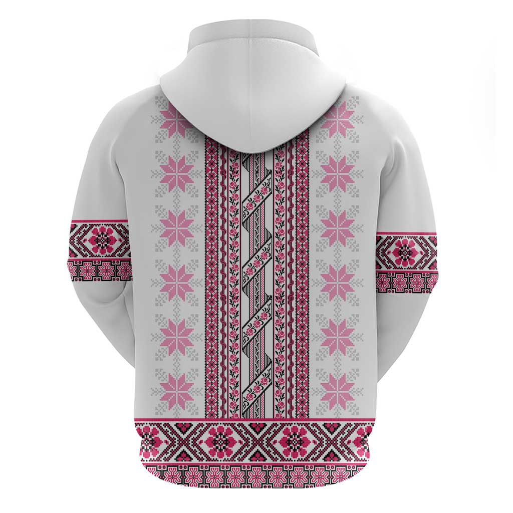 Ukraine Zip Hoodie Traditional Braided Rope Belt Pink Folk Pattern