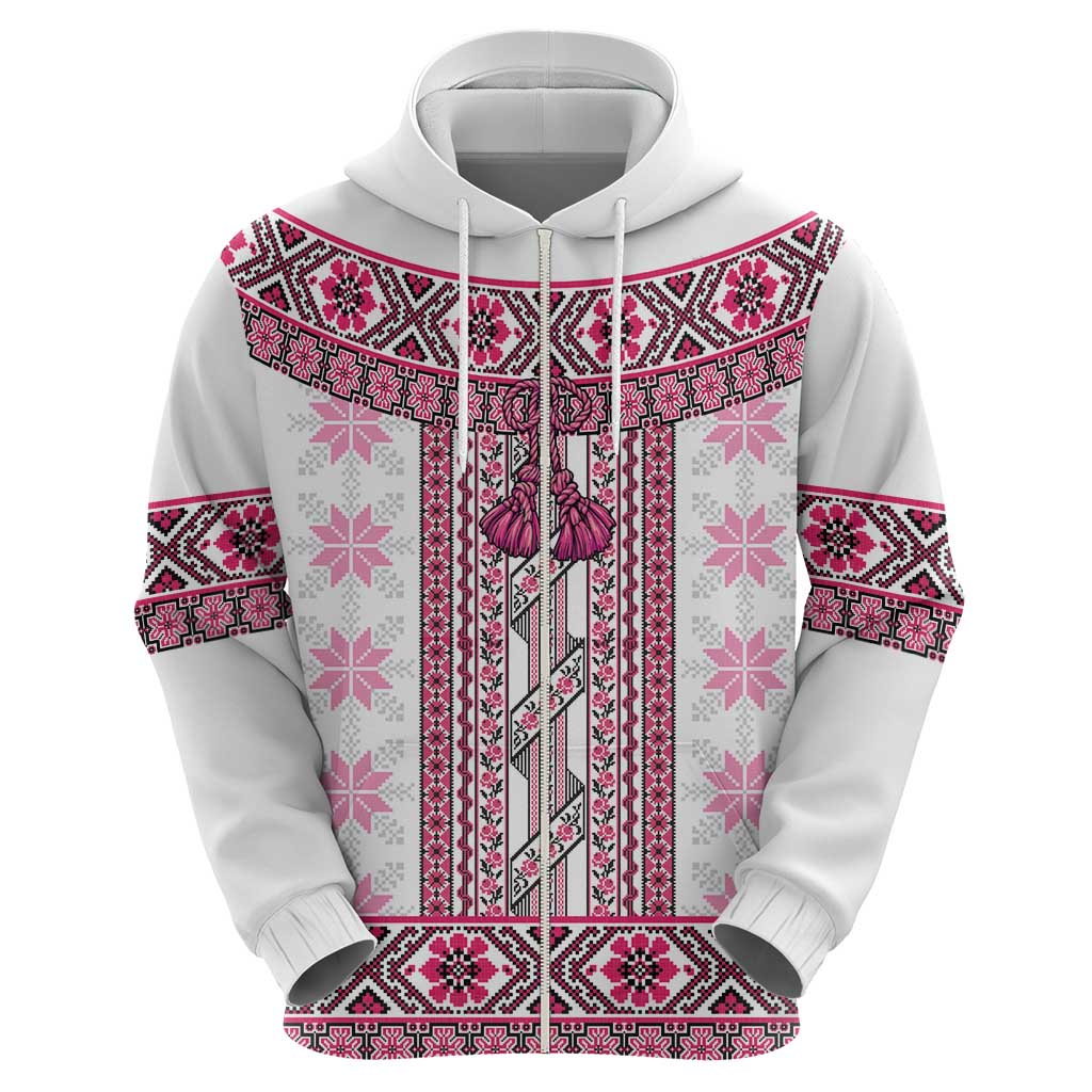 Ukraine Zip Hoodie Traditional Braided Rope Belt Pink Folk Pattern