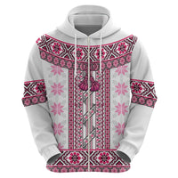 Ukraine Zip Hoodie Traditional Braided Rope Belt Pink Folk Pattern