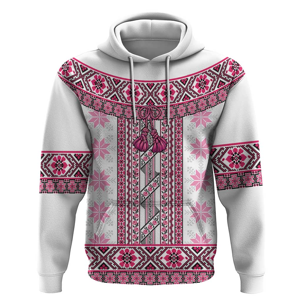 Ukraine Zip Hoodie Traditional Braided Rope Belt Pink Folk Pattern