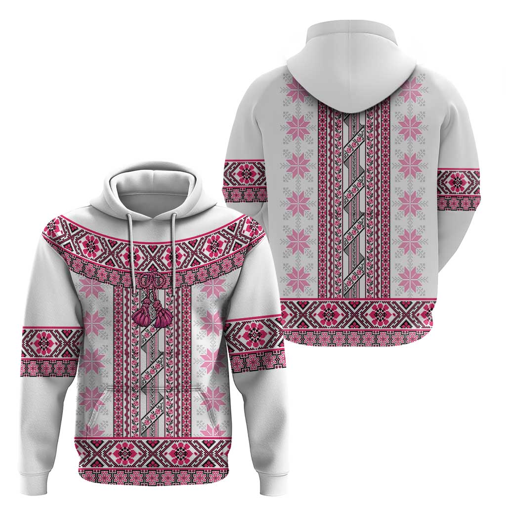 Ukraine Zip Hoodie Traditional Braided Rope Belt Pink Folk Pattern