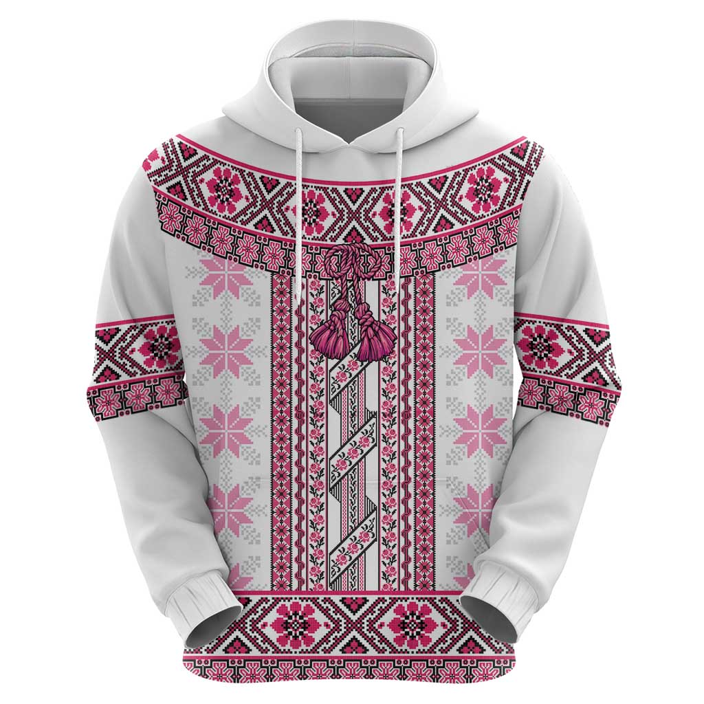 Ukraine Zip Hoodie Traditional Braided Rope Belt Pink Folk Pattern
