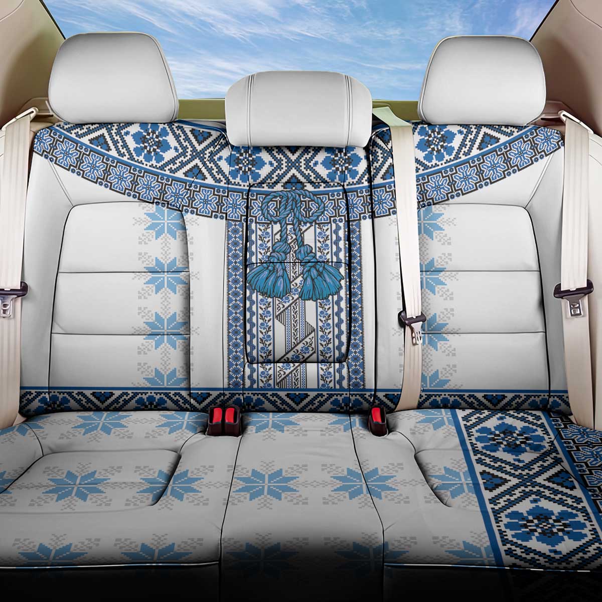 Ukraine Back Car Seat Cover Traditional Braided Rope Belt Blue Folk Pattern