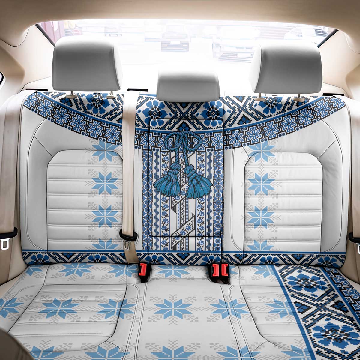 Ukraine Back Car Seat Cover Traditional Braided Rope Belt Blue Folk Pattern
