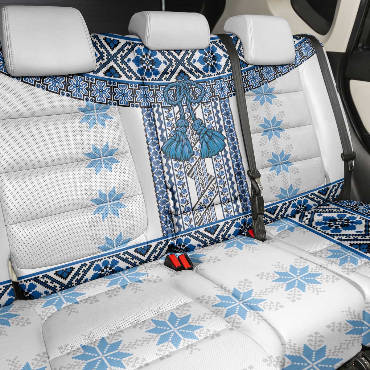 Ukraine Back Car Seat Cover Traditional Braided Rope Belt Blue Folk Pattern